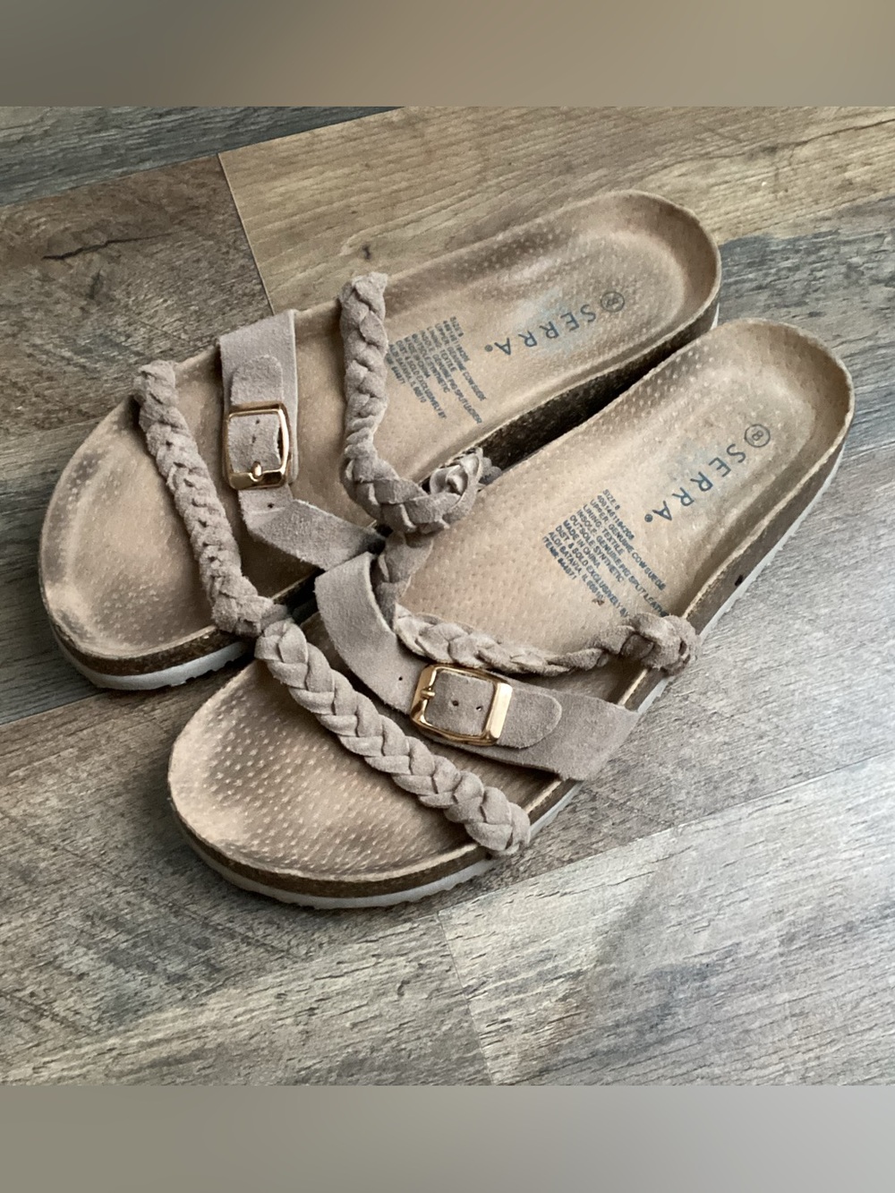 SERRA Taupe Braided Suede leather Slide Sandals with Gold Buckles